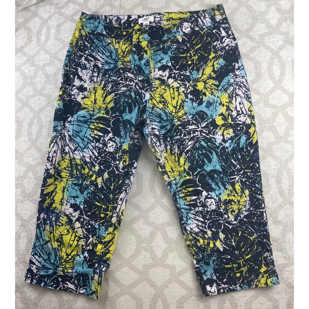 Cato Woman 16W Cropped Pants Abstract Tropical Leaf Print Teal Lime Green‎ Navy